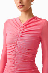CURAAE Cleo Long Sleeve Maxi Dress in Pink with front gathering & thumbholes detail shot