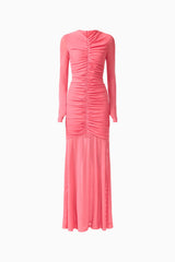 CURAAE Cleo Long Sleeve Maxi Dress in Pink with front gathering & thumbholes ghost shot