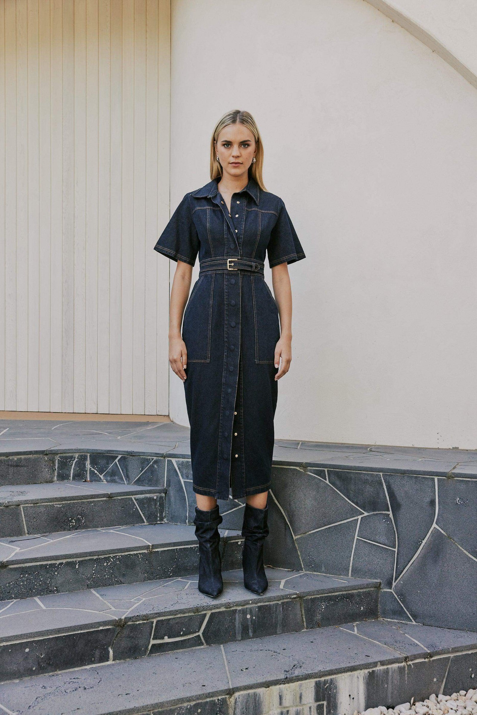 CURAAE Elysia Midi Shirt Belt Denim Dress – Elliatt
