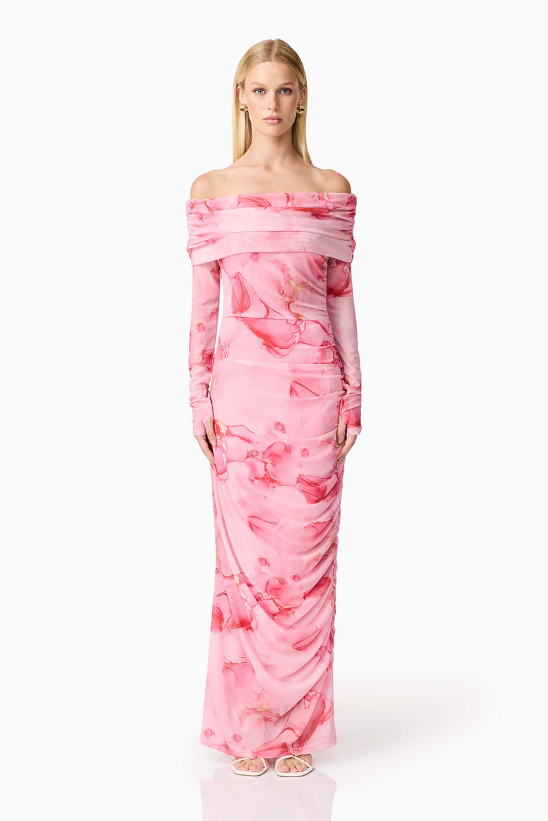 Blonde model wearing CURAAE Rosalia Off The Shoulder Maxi Dress in Pink Floral front shot