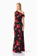 Blonde model wearing CURAAE Valetta Floral Set in Black & Red side shot