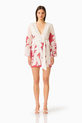 CURAAE Viva Long Sleeve Mini Dress in White and Red with long sleeves & v-neckline front shot