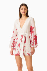 CURAAE Viva Long Sleeve Mini Dress in White and Red with long sleeves & v-neckline close up shot