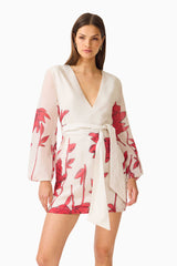 CURAAE Viva Long Sleeve Mini Dress in White and Red with long sleeves & v-neckline close up posed shot