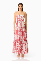 CURAAE Viva Belted Maxi Dress in White and Red with Strapless Neckline & removable belt Front Shot