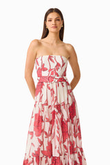 CURAAE Viva Belted Maxi Dress in White and Red with Strapless Neckline & removable belt Close Up Shot
