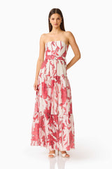 CURAAE Viva Belted Maxi Dress in White and Red with Strapless Neckline & removable belt Posed Shot