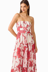CURAAE Viva Belted Maxi Dress in White and Red with Strapless Neckline & removable belt Posed Close Up Shot