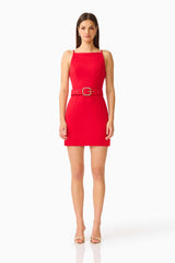 CURAAE Aris Mini Dress in Red with Boat Neckline and Belt Buckle Front Shot