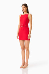 CURAAE Aris Mini Dress in Red with Boat Neckline and Belt Buckle Side Shot