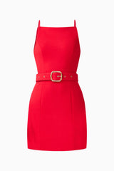 CURAAE Aris Mini Dress in Red with Boat Neckline and Belt Buckle Ghost Shot