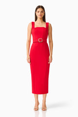 CURAAE Aris Belted Midi Dress in Red with Square Neckline Front Shot