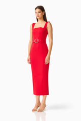 CURAAE Aris Belted Midi Dress in Red with Square Neckline Side Shot