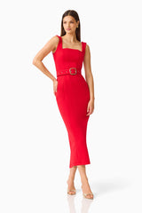 CURAAE Aris Belted Midi Dress in Red with Square Neckline Posed Shot