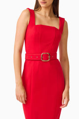 CURAAE Aris Belted Midi Dress in Red with Square Neckline Close Up Detail Shot