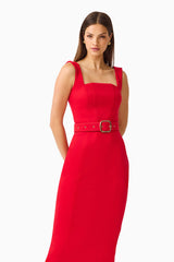 CURAAE Aris Belted Midi Dress in Red with Square Neckline Close Up Posed Shot