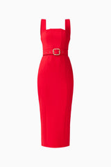 CURAAE Aris Belted Midi Dress in Red with Square Neckline Ghost Shot