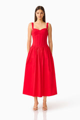 CURAAE Aris Sweetheart Midi Dress in Red with Sweetheart Neckline and Gathered Skirt Front Shot