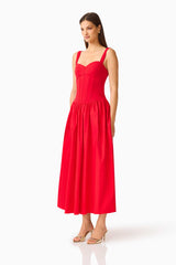 CURAAE Aris Sweetheart Midi Dress in Red with Sweetheart Neckline and Gathered Skirt Side Shot