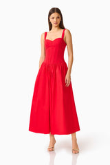 CURAAE Aris Sweetheart Midi Dress in Red with Sweetheart Neckline and Gathered Skirt Posed Shot
