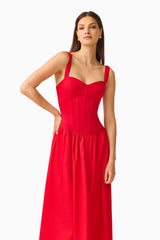 CURAAE Aris Sweetheart Midi Dress in Red with Sweetheart Neckline and Gathered Skirt Closer Posed Hand on Hip Shot