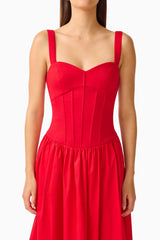 CURAAE Aris Sweetheart Midi Dress in Red with Sweetheart Neckline and Gathered Skirt Close Up Detail Shot