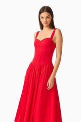 CURAAE Aris Sweetheart Midi Dress in Red with Sweetheart Neckline and Gathered Skirt Closer Posed Shot