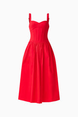 CURAAE Aris Sweetheart Midi Dress in Red with Sweetheart Neckline and Gathered Skirt Ghost Shot