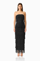 CURAAE Yelena Fringed Maxi Dress in Black with fringe detailing
