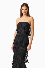 CURAAE Yelena Fringed Maxi Dress in Black with strapless neckline