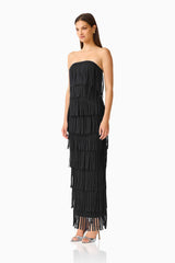 CURAAE Yelena Fringed Maxi Dress in Black straight neckline side shot