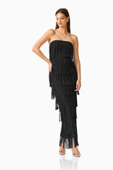 CURAAE Yelena Fringed Maxi Dress in Black posed shot