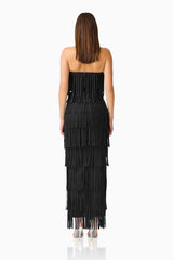 CURAAE Yelena Fringed Maxi Dress in Black back shot with zip enclosure