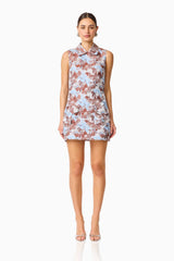 CURAAE Bloomette Shift Mini Dress in Brown and Blue Floral with collar neckline front shot