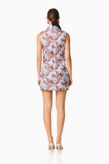CURAAE Bloomette Shift Mini Dress in Brown and Blue Floral back shot with zip enclosure