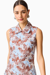 CURAAE Bloomette Shift Mini Dress in Brown and Blue Floral detail shot