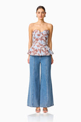 CURAAE Bloomette Strapless Top in Brown and Blue Floral with sweetheart neckline and buttons front shot