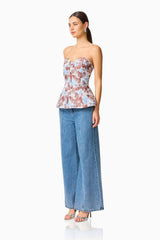 CURAAE Bloomette Strapless Top in Brown and Blue Floral side shot
