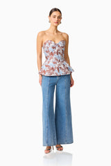 CURAAE Bloomette Strapless Top in Brown and Blue Floral diagonal shot