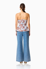 CURAAE Bloomette Strapless Top in Brown and Blue Floral back shot with zip closure