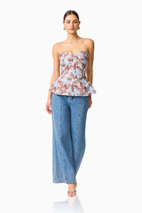 CURAAE Bloomette Strapless Top in Brown and Blue Floral posed shot