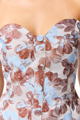 CURAAE Bloomette Strapless Top in Brown and Blue Floral detail shot with button front