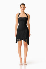 CURAAE Yelena Fringed Mini Dress in Black with a fringe hem