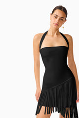 CURAAE Yelena Fringed Mini Dress in Black detail shot