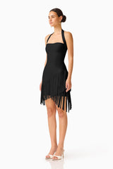 CURAAE Yelena Fringed Mini Dress in Black side shot with sweetheart neckline