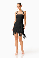 CURAAE Yelena Fringed Mini Dress in Black wth a halter neck posed shot