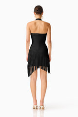 CURAAE Yelena Fringed Mini Dress in Black with a neck claspe and back zipper