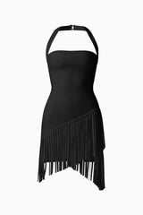 CURAAE Yelena Fringed Mini Dress in Black ghost image