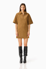 CURAAE Verdure Mini Shirt Dress in Caramel Brown with collared V neckline and oversized short sleeves front shot