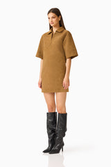 CURAAE Verdure Mini Shirt Dress in Caramel Brown with collared V neckline and oversized short sleeves side shot